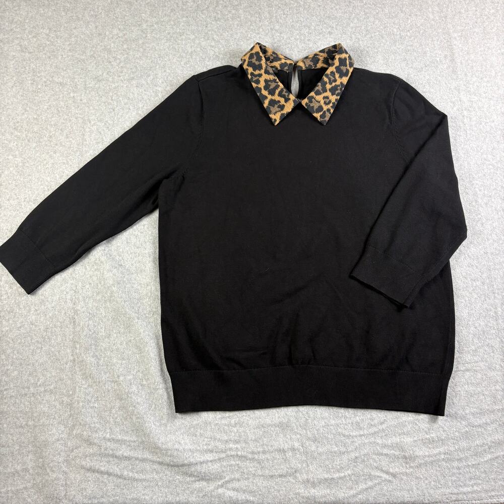 Talbots Womens Leopard Collar 3/4 Sleeve Sweater Size L Black Stretch Office